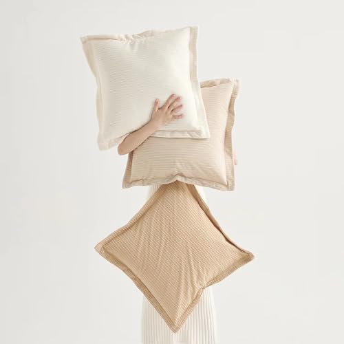 COCO TOP Set of 3 Decorative Vintage Throw Pillow Covers 18x18inch, Soft Striped Textured Corduroy Square Cushion Pillowcases for Modern Bedroom Living Room Farmhouse Decor(Camel, Beige & White) - color: Camel/Beige/White, size: 18" x 18" (Pack of 3)