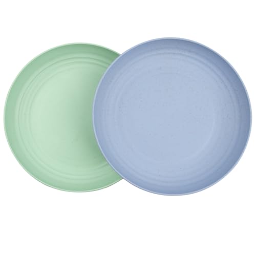 Wheat Straw Plates Set of 2, 9 Inch Unbreakable Dinner Plates, Reusable Plate for Camping,Picninc,Family Dinner, Dishwasher & Microwave safe (Green and Blue) - color: Blue,Green