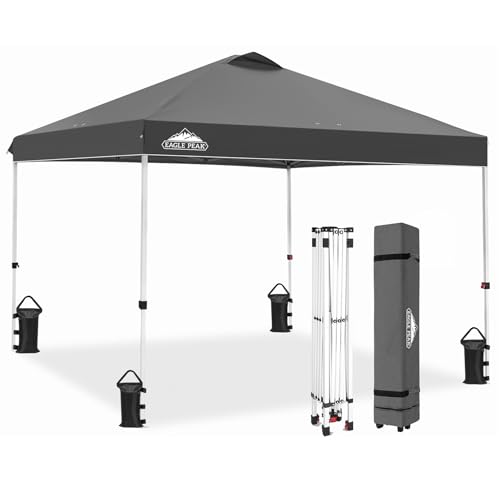 EAGLE PEAK Pop Up Canopy Tent with Wheeled Carry Bag, 8 Stakes, 4 Ropes, 4 Weight Bags, Easy Set Up Tent Canopy, 10x10 ft, 100sqft of Shade, Gray - color: Gray, size: 10x10