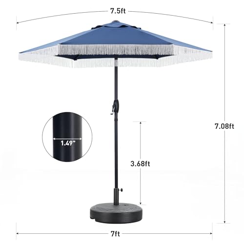 GDY 7.5 ft Tassel Patio Umbrella, Fringe with Umbrella Base - Stylish Beach, Pool, and Yard Umbrella for Ultimate Outdoor Decor, Navy Blue - color: Dark Blue, size: Umbrella+Base