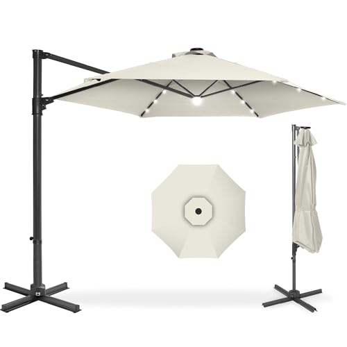 Best Choice Products 10ft Solar LED Offset Cantilever Hanging Market Patio Umbrella, Smooth 360° Rotation, 8 Sturdy Ribs, Easy Adjustment - Ivory - color: Ivory, size: Offset w/ 360° Rotation