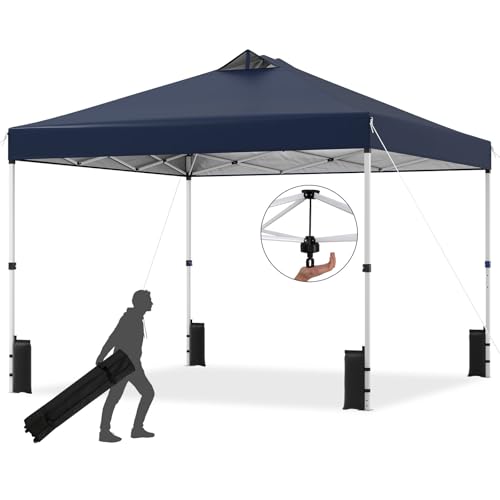 Tangkula 10 x10 Ft Pop Up Canopy with Center Lock, UPF 50+ One-Button Setup Outdoor Canopy Tent with Roller Bag, 4 Sand Bags, Heavy-Duty Steel Frame, 8 Stakes, 4 Ropes for Camping, Picnic - color: Blue
