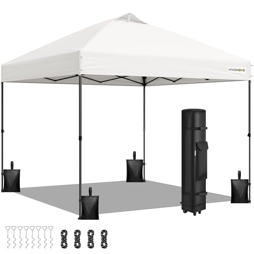VIVOHOME 8x8ft Pop Up Canopy Tent One Push Setup Outdoor Portable Shelter Tent Heavy Duty with Wheel Carry Bag and 4 Sandbags, White - color: White, size: 8x8 ft