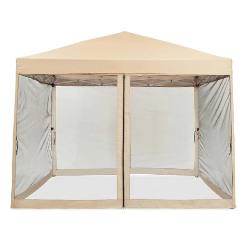 10x10 ft Pop-Up Canopy Tent with Mesh Mosquito Netting Sidewalls, Waterproof UV-Block Screen Shelter for Camping, Backyard, Patio, Garden & Outdoor Events - color: Beige, size: 10x10ft
