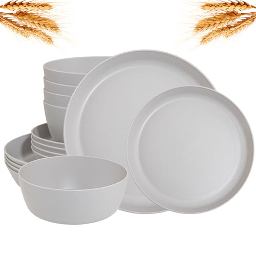 EI 12pcs Wheat Straw Dinnerware Set of 4,Plastic Plates Reuasble Unbreakable,Plastic Plates and Bowls Sets for Camping,Picninc,Family Dinner - color: Grey Wheat Straw Plates and Bowls