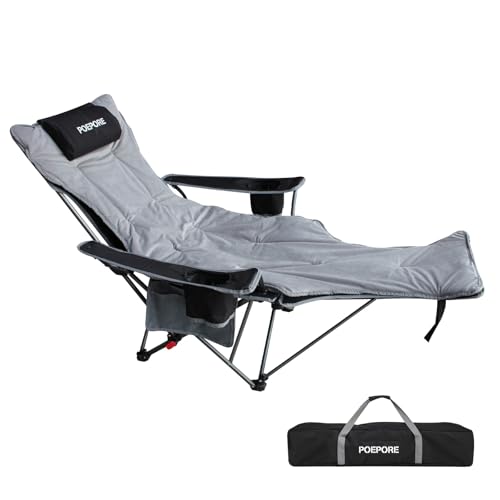 Reclining Camping Chair with Removable Footrest Lounge Chair with Headrest, Cotton Cushion, Portable Adjustable Folding Chairs - color: Black, size: 1 pack