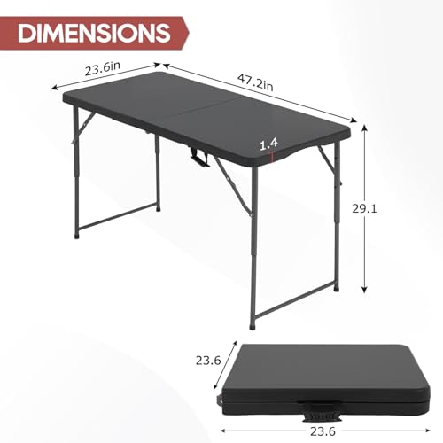 PayLessHere | 4FT Folding Table | Portable Plastic Table with Carry Handle | Waterproof & Foldable Table Design | Steel Frame with Lock | Black | for Events, Camping, Indoor & Outdoor Use - color: Black, size: 4 FT