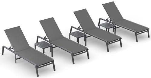 Ciokea Aluminum Foldable Lounge Chairs Set of 4 with 3 Outdoor Aluminum Side Table, Perfect Match, Suitable for Courtyard, Balcony, Lawn and Other Scenes, Grey - color: Grey, size: 4 Chairs + 3 Side Tables (7pcs)