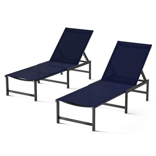 Chaise Lounge Chair Outdoor,Aluminum Patio Lounge Chairs Set of 2,Pool Lounge Chairs with 5 Adjustable Backrest for Outside Beach Lawn and Backyard NavyBlue - color: Navyblue, size: 2 Chairs