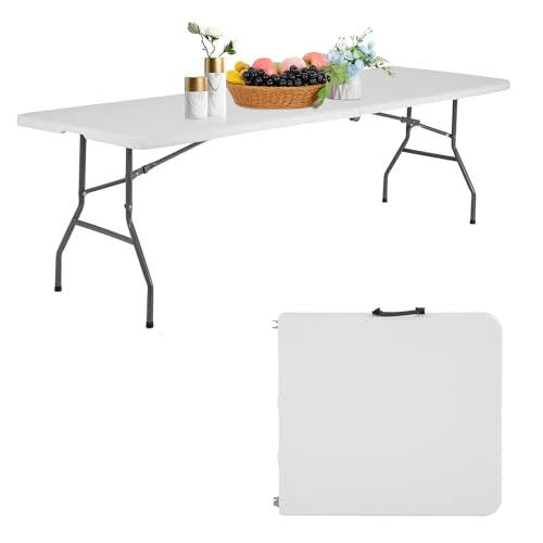 PayLessHere | 8FT Folding Table | Portable Plastic Table with Carry Handle | Waterproof & Foldable Table Design | Steel Frame with Lock | White | for Events, Camping, Indoor & Outdoor Use - color: White, size: 8 FT