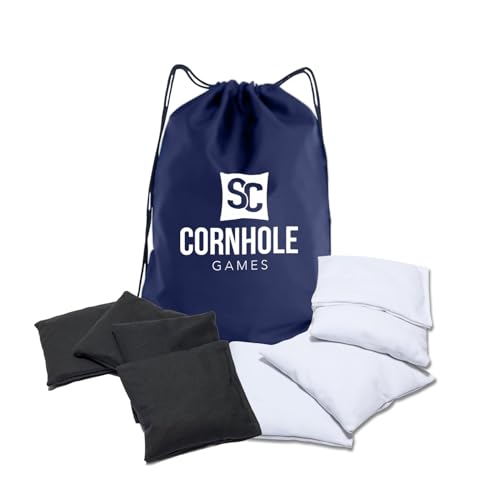 Weather Resistant Cornhole Bags (Set of 8) with Heavy Duty Tote - Professional Regulation 16oz Size & Weight - color: Black/White