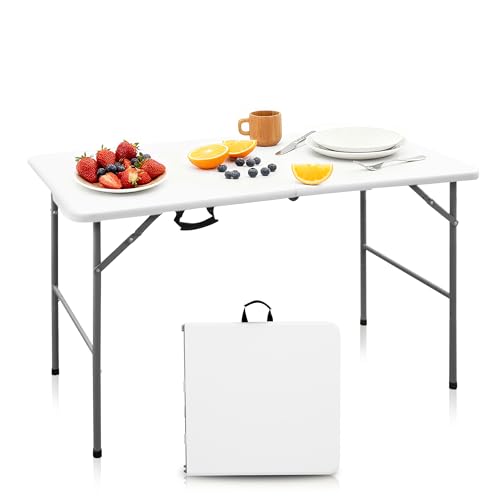 4ft Portable Folding Table, Indoor Outdoor Plastic Dining Table w/Handle, Fold-in-Half Utility Foldable Table for Camping, Picnic and Party, White