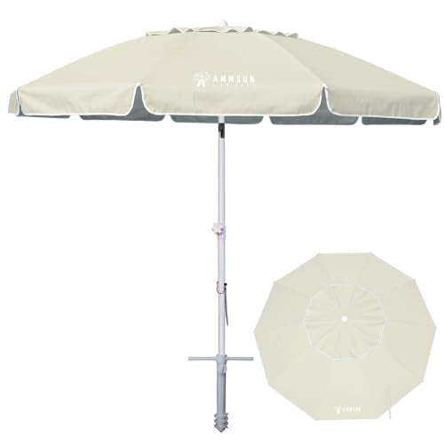 AMMSUN 8 Feet Large Beach Umbrella with Sand Anchor Heavy Duty High Wind Portable Outdoor Umbrellas UV 50+ Protection Air Vent Tilt Patio Garden Pool - color: Cream Khaki