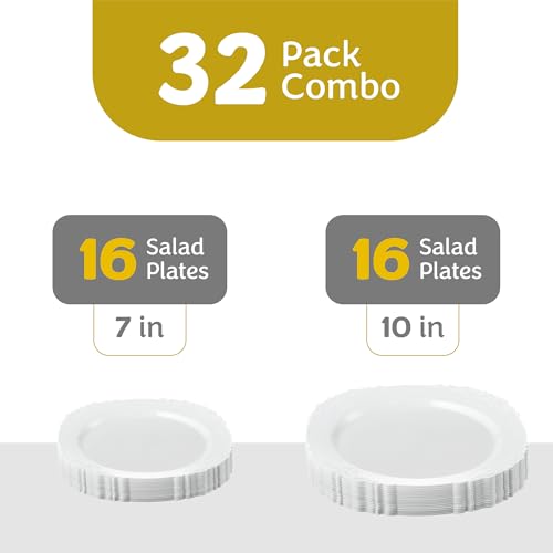 PLASTICPRO 32 Pack Elegant Disposable Plastic Plates Combo Set Includes 16 Dinner Plates and 16 Salad Heavy Duty Fancy Party Plates White Embossed Victorian Design - color: White Embossed