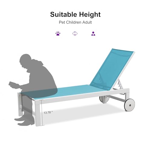 PURPLE LEAF Outdoor Lounge Chairs Set of 2 White Aluminum Chaise Lounge Chair Five-Position Adjustable Chaise Lounges with Wheels and Table for Pool Deck Patio, Turquoise - color: Turquoise, style: Standard Straight-leg