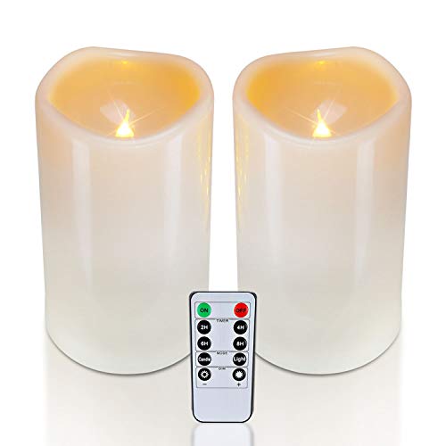Homemory 4" x 6" Large Waterproof Outdoor Flameless Candles, Battery Operated Flickering LED Pillar Candles with Remote and Timers for Indoor Outdoor Lanterns, Long Lasting, Dark Ivory, Set of 2 - color: Dark Ivory, size: 4"x 6"