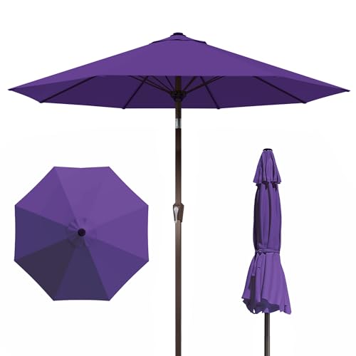 PatioKingdom Auto-Tilt 9FT Patio Umbrella Outdoor with 8 Sturdy Fiberglass Ribs,Market Table Umbrella for Pool,Backyard,Deck and Garden - color: Dark Purple, size: 9FT
