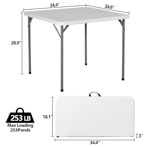 ZENY 34inch Fold in Half Square Table, Portable Plastic Dining Card Table for Kitchen or Outdoor Party Wedding Event, Bi-Folding Picnic Camp Dining Table, White - color: White, size: 34" x 34"