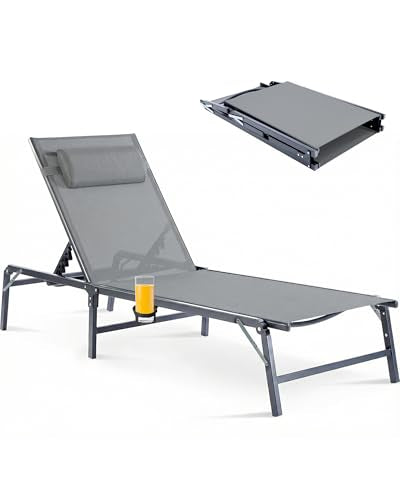 Foldable Chaise Lounge Chair with Cup Holder, Assemble-Free Outdoor Lounge Chair with Detachable Pillow and 6 Adjustable Backrest, Patio Lounge Chair for Outside Poolside Beach Pool, Grey - color: Grey, size: 1-Pack