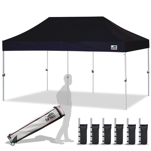 Eurmax USA 10x20ft Pop Up Canopy, Commercial Instant Tent for Outdoor Events, Patented No-Tip Rolling Storage Bag with 6 Sandbags,UV & Water Resistant,Heavy Duty Portable Shelter Gazebo,Black - color: Black, size: 10x20