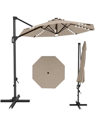 9ft Outdoor Patio Umbrella Heavy Duty 8 Ribs, Waterproof UV Protection Sun Shade with Crank Lift & Push Button Tilt, Outdoor Umbrella for Deck, Pool, Garden, Backyard, Lawn - color: Brown&Round-Lights, size: 10FT Roman