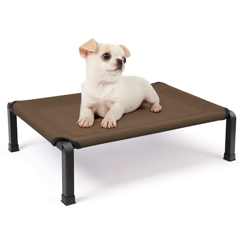 Heeyoo Elevated Dog Bed, Cooling Raised Pet Cot with Chew Proof Mesh Fabric and Steel Frame, Portable Dog Cot Bed with No-Slip Rubber Feet for Outdoor Indoor Use - color: Brown, size: 26"L x 17"W x 7"H