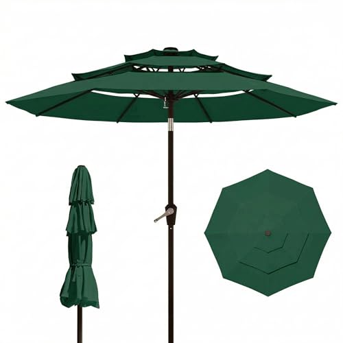 10FT Patio Umbrella 3 Tiers Outdoor Market Umbrella w/Push Button Tilt, Crank, UV and Waterproof Table Umbrella for Garden, Pool, Backyard, Deck, Lawn, Forest Green - color: Forest Green