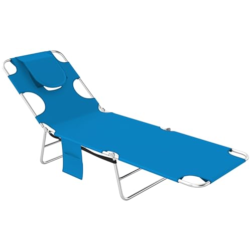 Outsunny Chaise Lounge Chair Outdoor with Face Arm Hole, 5-Position Reclining Face Down Tanning Chair with Carry Strap, Side Pocket, Portable Folding Bed Cot for Patio Beach Pool, Light Blue - color: Light Blue, size: 1 Piece