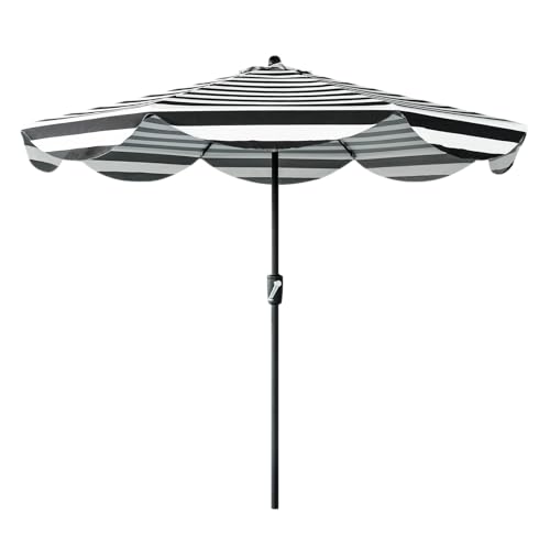 Tempera 9ft Auto Tilt Scalloped Patio Umbrellas Outdoor Table Umbrellas with Fade Resistant Canopy, 8 Sturdy Rids, Vintage Umbrellas for Lawn, Pool, Deck, Balcony - color: Black White Stripe Scalloped, size: 9 FT