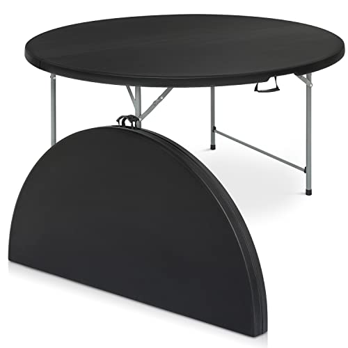 Magshion 65" Round Folding Table, 5 Feet Bi-Folding Plastic Commercial Dining Card Table w/Carrying Handle for Outdoor Wedding Party Event Picnic, Black - color: Black, size: 5.5Ft