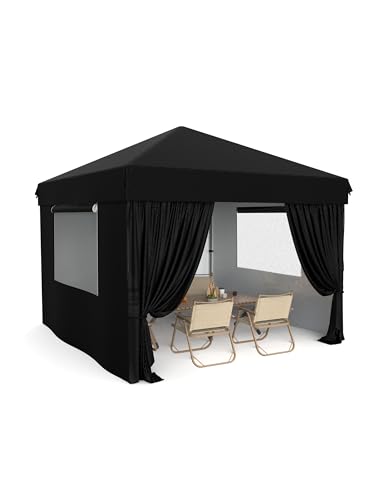 10x10 Pop Up Canopy with Removable 4 Sidewalls - Easy Up Camping Tent with One Button Push Setup - 1 Roller Bag, 3 Adjustable Height, 4 Weight Bags for Deck, Garden, Sports, Beach, Party - Black - color: Black