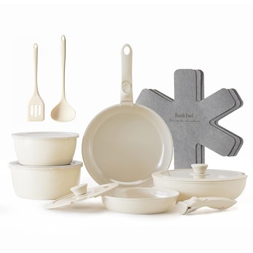 Redchef Ceramic Pots and Pans Set, Nonstick Kitchen Cookware Set with Detachable Handle, Non Toxic Cookware Set 16pcs, PFAS PFOA & PTFE Free, RV Ceramic Cookware for Camping, Dishwasher/Oven Safe - size: 16 Pcs Beige
