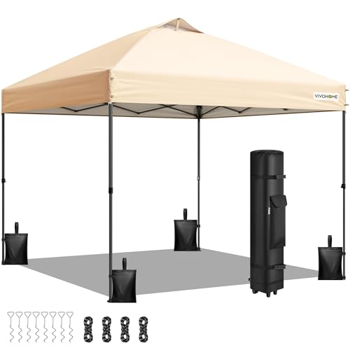 VIVOHOME 8x8ft Pop Up Canopy Tent One Push Setup Outdoor Portable Shelter Tent Heavy Duty with Wheel Carry Bag and 4 Sandbags, Beige - color: Beige, size: 8x8 ft