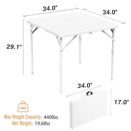 Allpop 34'' Square Folding Card Table, Fold-in-Half Portable Plastic Dining Table with Carry Handle & 2 Heights for Picnic Party Commercial Events, White - color: White, size: 34 Inch