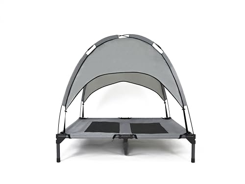 35 Inch Elevated Dog Bed with Canopy, Waterproof & Breathable Medium Cooling Dog Bed with Removable Shade Tent for Camping, Beach, Backyard, Grey