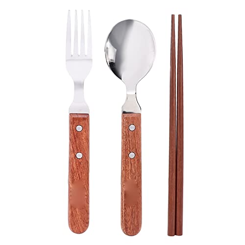 12 Pcs Stainless Steel Wooden Handle Tableware Set, Camping Cutlery for 4 Persons, Includes Forks Spoons Chopsticks with Carrying Bag for Picnic Barbecue Outdoor Use