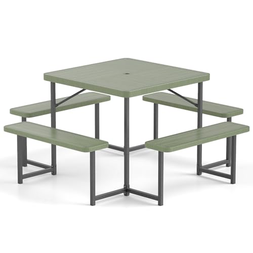 Byroce Outdoor Picnic Table for 4-8 Person, HDPE Picnic Camping Table Set with 4 Benches, Umbrella Hole & Metal Frame, Heavy Duty Square Dining Table Chairs for BBQ in Patio, Yard & Poolside (Green) - color: Green