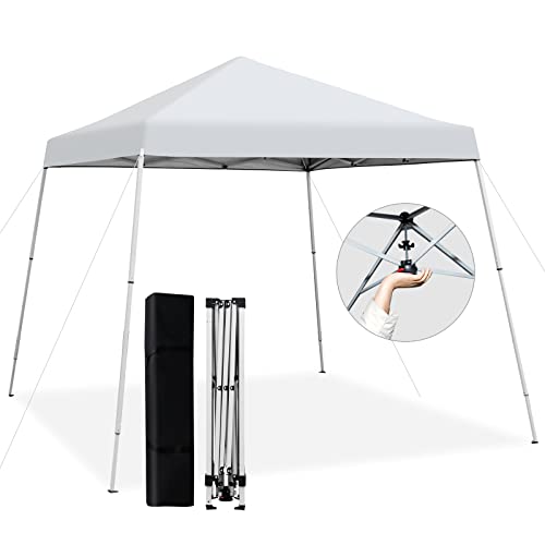 Tangkula 10x10 Ft Pop Up Canopy, Slanted Leg Outdoor Canopy Tent with Center Lock, UPF50+ Sun Protection, 4 Stakes, 8 Ropes, Carrying Bag, 1 Person Setup Instant Tent Shelter for Camp, Beach, Patio - color: White