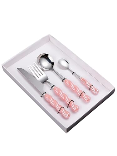 Stainless Steel Flatware Set, 4-Piece Heavy Duty Cutlery Set with Dinner Knife, Fork & Spoons, Tableware Gift for Daily Use Wedding Housewarming Baby Shower Birthday Gifts(Pink) - color: Pink