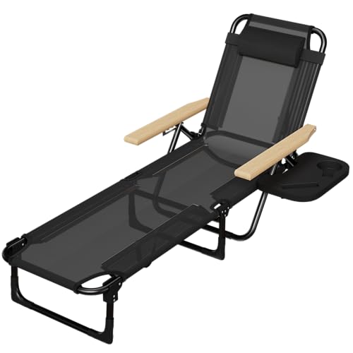 Foldable Chaise Lounge Chair Outdoor, Tanning Chair with 4-Position Reclining Back, Folding Sun Lounger, Outdoor Lounge Chair for Beach, Poolside, Backyard, Camping, UPF 50+, 300 LBS - color: Black