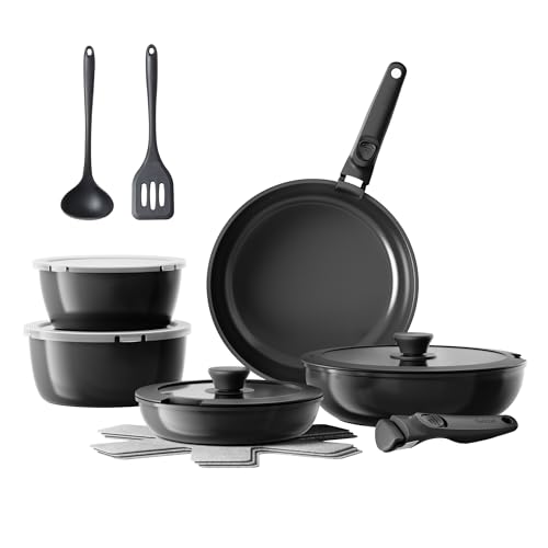 Redchef 16pcs Ceramic Pots and Pans Set Non Stick, Nonstick Kitchen Cookware Set with Detachable Handle, Non Toxic, PFAS PFOA & PTFE Free, RV Cookware Set for Camping, Dishwasher/Oven Safe (Black) - size: 16 pcs Black