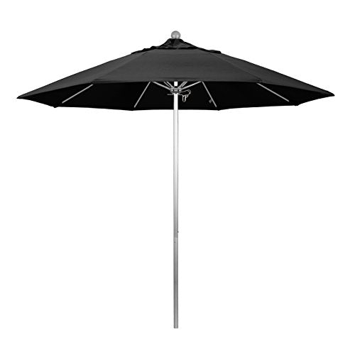 California Umbrella 9' Round Aluminum/Fiberglass Umbrella, Push Open, Silver Pole, Olefin Black Fabric - color: Black