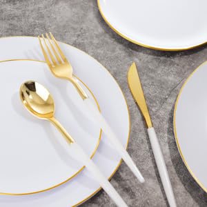Supernal Elegant White and Gold Plastic Dinnerware Set – Premium Heavy-Duty Disposable Plates & Gold Plastic Silverware for Weddings, Outdoor Parties & Birthdays (Serves 30) - color: 150pcs White and Gold Plastic Dinnerware Set