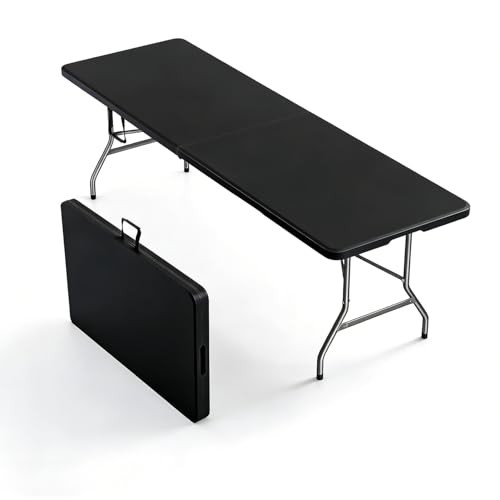8FT Heavy Duty Folding Table,Fold-in-Half Portable Plastic Utility Table with Carry Handle&Locking Legs,Indoor Outdoor Table for Party,Tailgate,BBQ,Camping,Events,Backyard Dining–Black - color: Black, size: 8FT