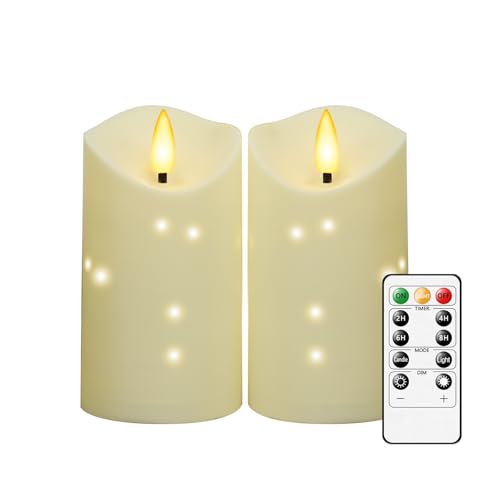 kakoya Outdoor Waterproof Flickering Flameless Candles with Embedded Star String,2Pcs LED Pillar Candles Battery Operated with Remote and Timers for Courtyard,Porch,Camping,Holiday Decoration(Ivory) - color: Ivory, size: D3.25“xH6"6"