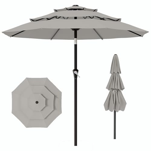 AreShark 9ft 3-Tier Patio Umbrellas, Outdoor Umbrella with 8 Sturdy Ribs UV Protection Windproof, Market Table Umbrella w/Push Button Tilt & Crank for Pool, Porch, Deck, Garden(Foggy Gray) - color: Foggy Gray