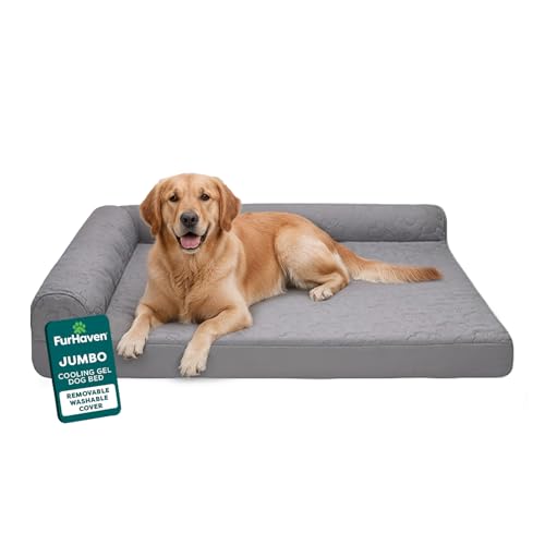 Furhaven Cooling Gel Dog Bed for Large Dogs w/ Removable Bolsters & Washable Cover, For Dogs Up to 95 lbs - Pinsonic Quilted Paw L Shaped Chaise - Titanium, Jumbo/XL - color: (Quilted Paw) Titanium, size: Jumbo