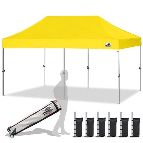 Eurmax USA 10x20ft Pop Up Canopy, Commercial Instant Tent for Outdoor Events, Patented No-Tip Rolling Storage Bag with 6 Sandbags,UV & Water Resistant,Heavy Duty Portable Shelter Gazebo,Yellow - color: Yellow, size: 10x20