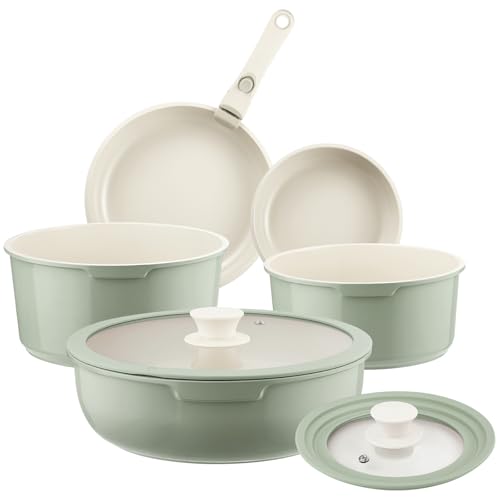 Ceramic Pots and Pans Set Non Stick Green, 8 Pcs Nonstick Cookware Set with Detachable Handle RV Camping Induction Kitchen Cookware Set Non Stick, PFAS PFOA & PTFE Free - color: Sage Green