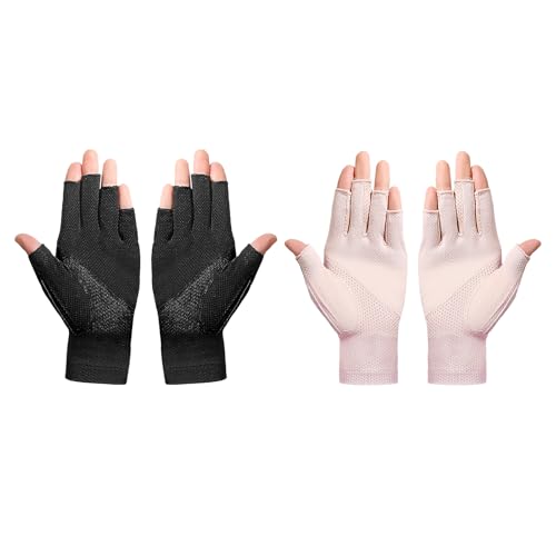 Lightweight Summer Fingerless Gloves Men Women UV Sun Protection Driving Cotton Gloves Nonslip Touchscreen Mittens - color: 2pairs-pink+solid Black